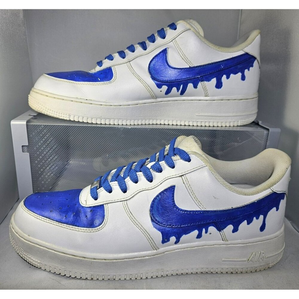 Nike Men's Custom Air Force 1  White/Medium Blue Drip Low-top Sneakers Size 12
